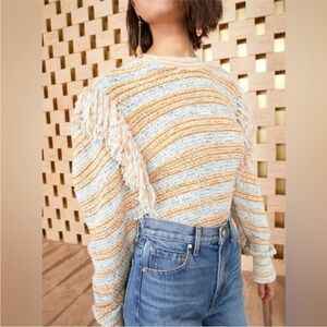 Ulla Johnson Arquette Pullover Crewneck Fringe Sweater in Lily Stripe Size M